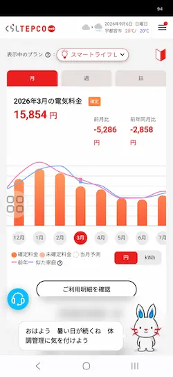  Z空調を使用する3LDKオール電化住宅の2026年3月電気料金15,854円