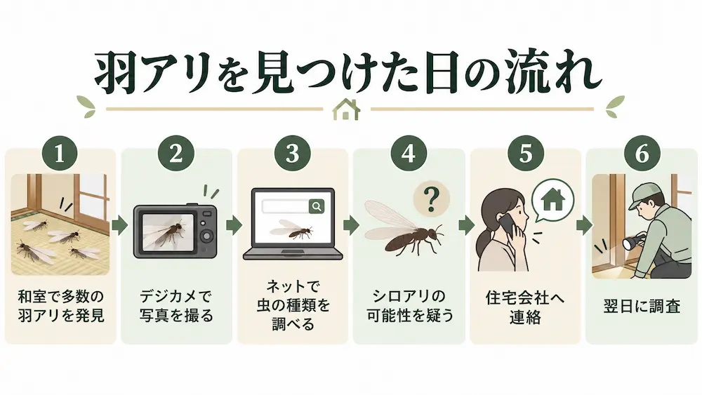 和室で羽アリを発見してから住宅会社に調査を依頼するまでの流れ