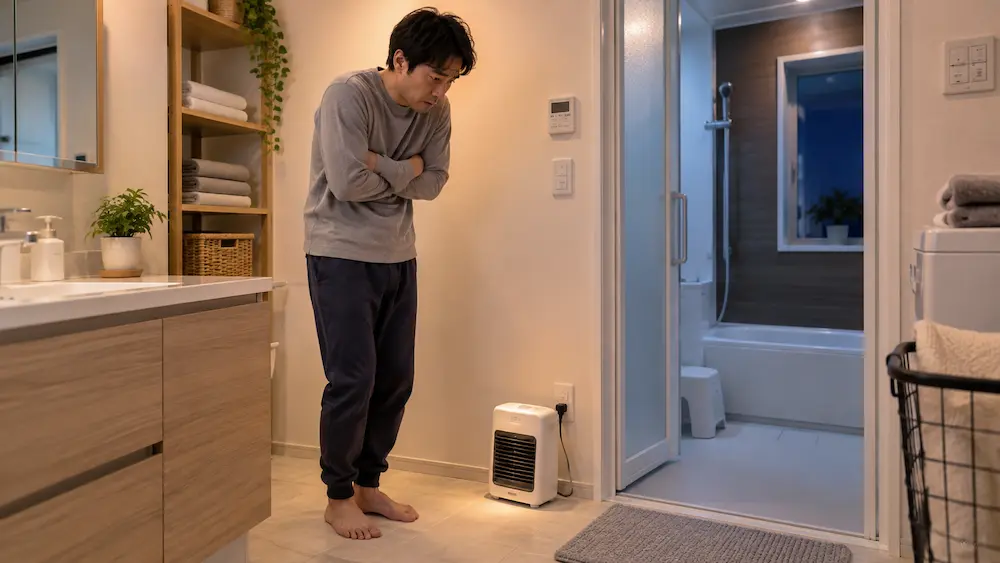 2軒目の冬に脱衣所の足元が寒くセラミックヒーターを使用していた様子のイメージ