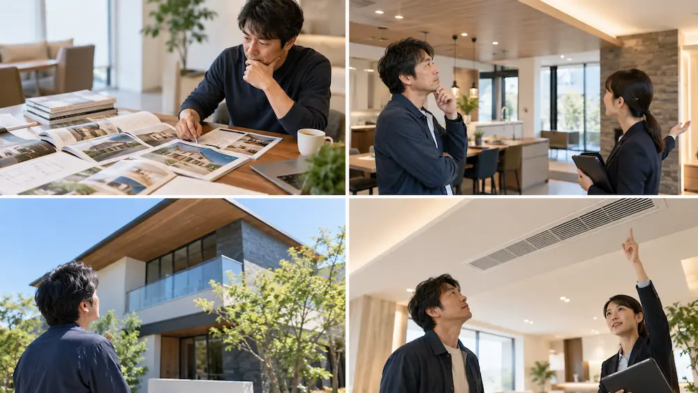住宅展示場で家全体を空調する設備に興味を持つ男性
