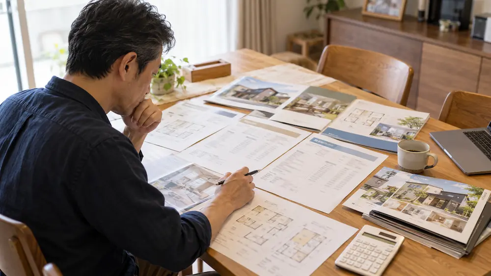 桧家住宅と他社の住宅性能や価格を比較する様子