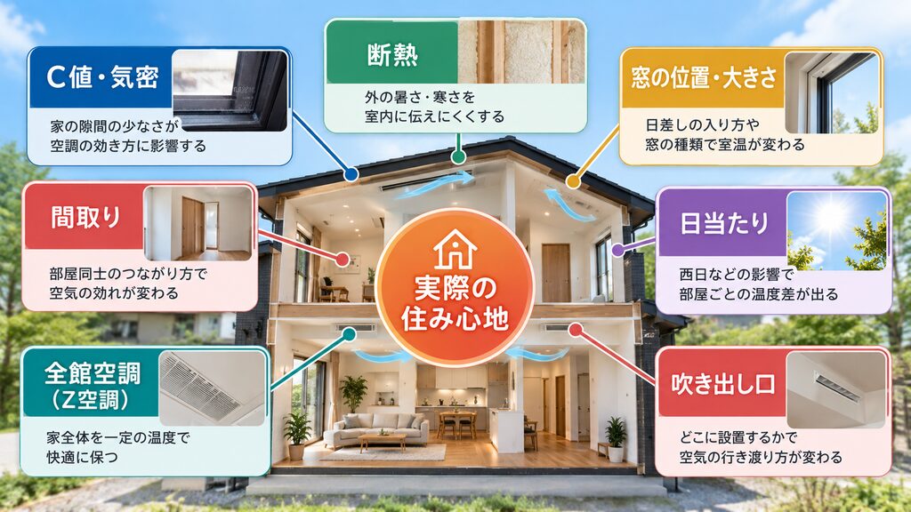 C値だけでなく断熱や窓、間取り、全館空調などが住み心地に関係することを示す図