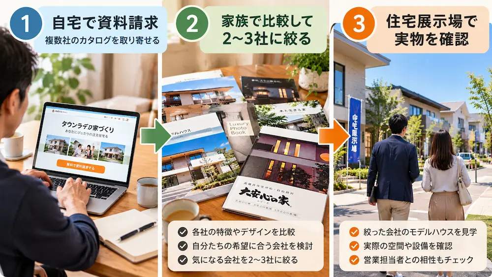 資料請求から住宅展示場へ行くまでの効率的な住宅会社選びの流れ