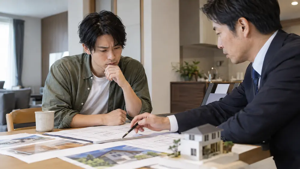 住宅会社の担当者と今後の対応について話し合う施主