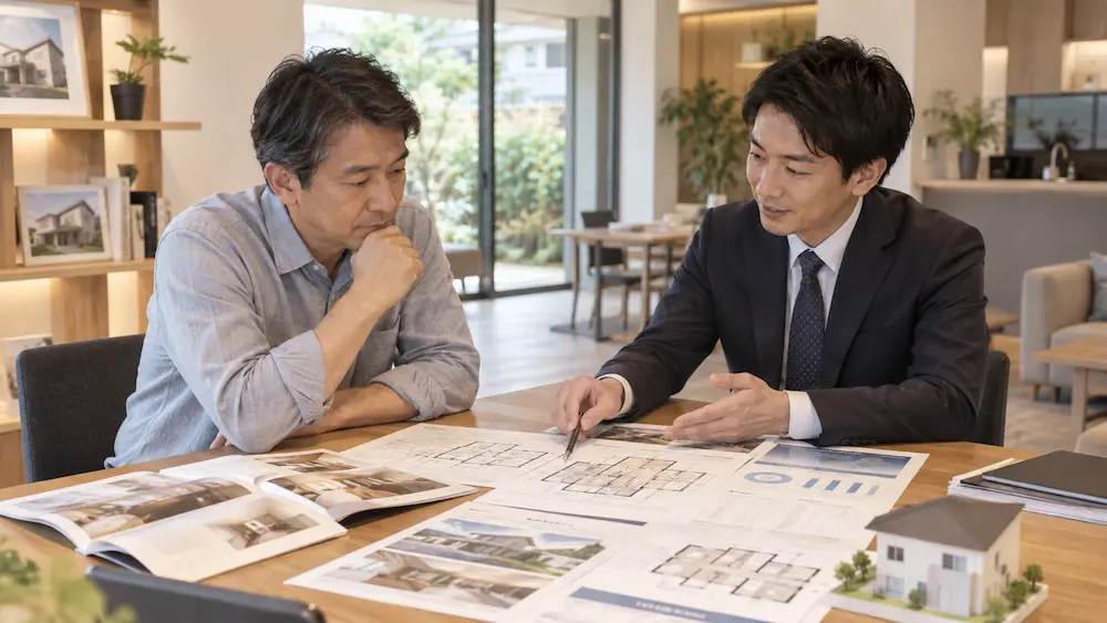 住宅性能と施工実績の両方を確認しながら住宅会社を比較する様子