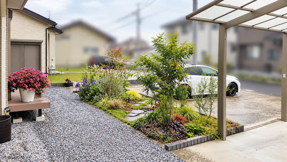 ダイニング南側に設けた長方形の花壇と現在育てている植物