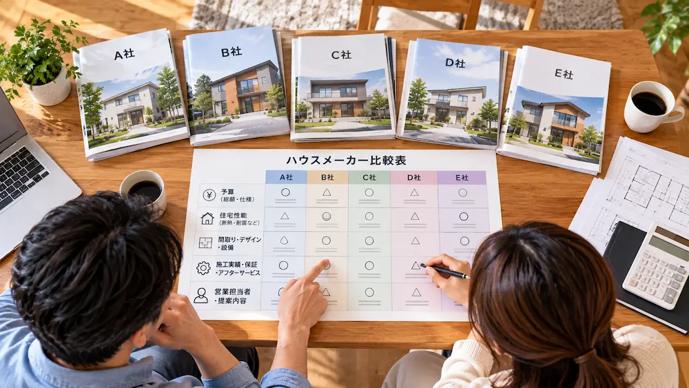自宅でハウスメーカーの資料を比較して候補を絞る夫婦
