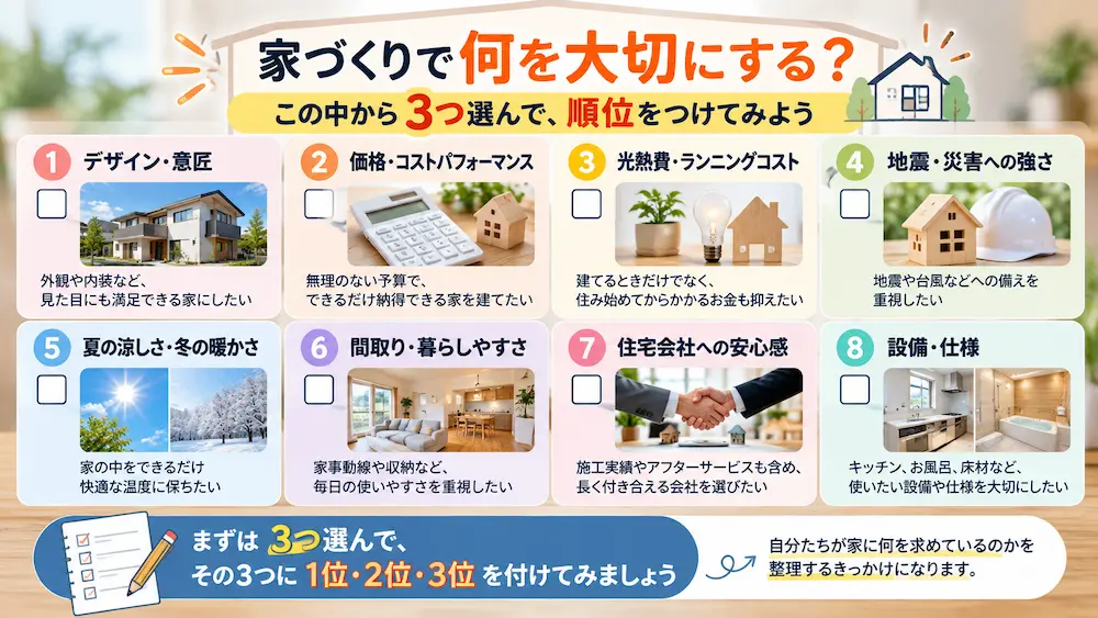 家づくりで譲れない条件を8項目から3つ選ぶチェックシート