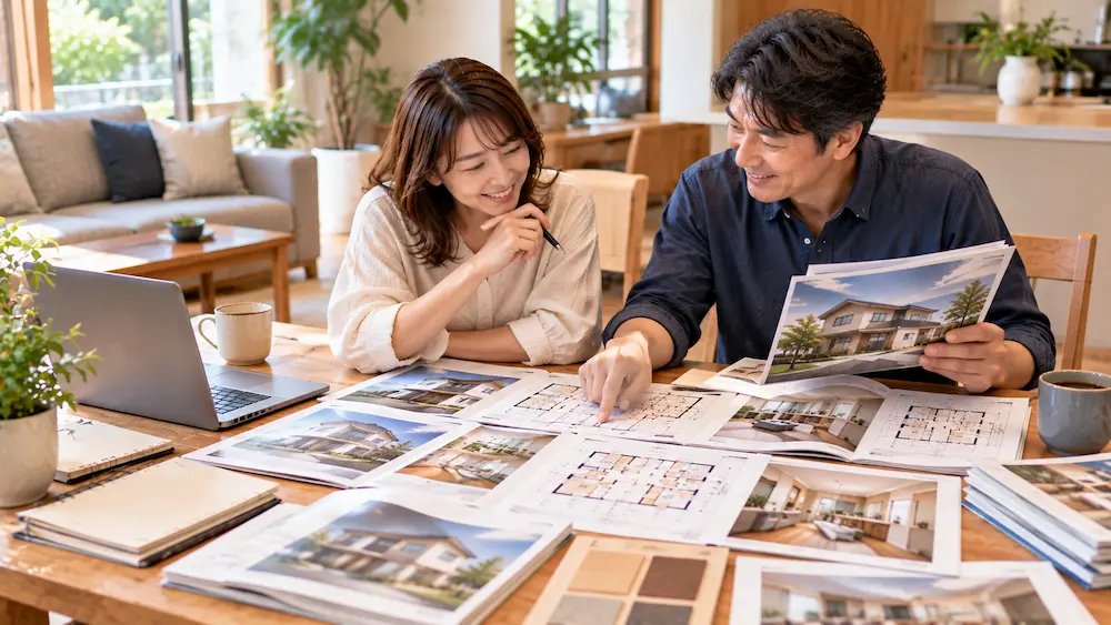 自宅で複数のハウスメーカーの資料を比較して候補を絞る夫婦