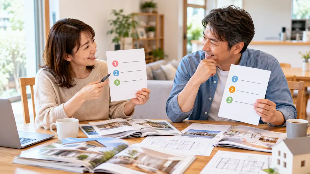 夫婦それぞれが家づくりで重視する条件を比べながら話し合う様子