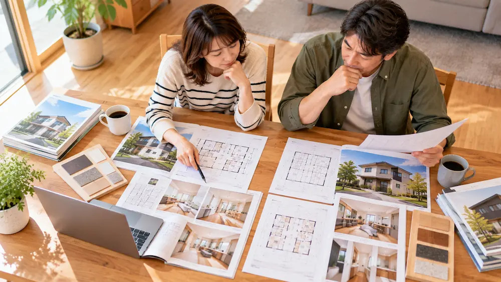 2社まで絞ったハウスメーカーの資料と見積もりを比較する夫婦