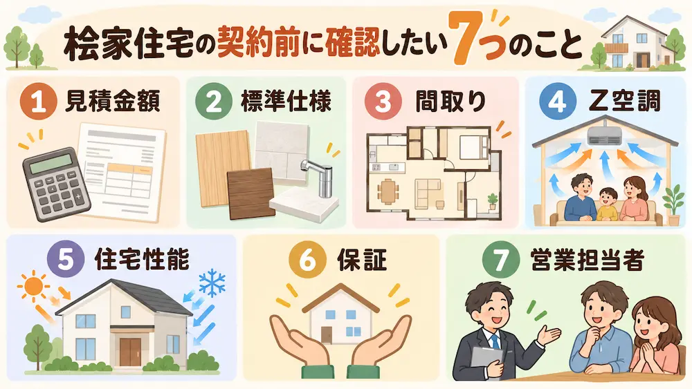 桧家住宅の契約前に確認したい見積金額、標準仕様、間取り、Z空調、住宅性能、保証、営業担当者の7項目