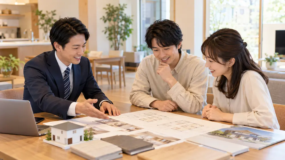 桧家住宅の契約を検討する夫婦が経験豊富な住宅営業担当者と間取り図を見ながら相談するイメージ