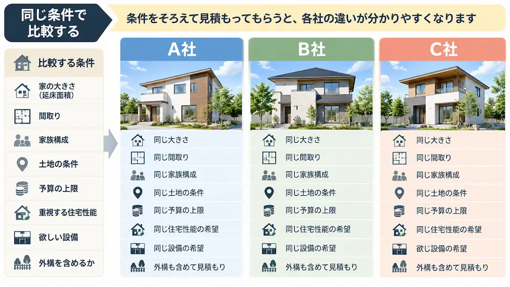 同じ条件で複数のハウスメーカーの見積もりを比較するイメージ