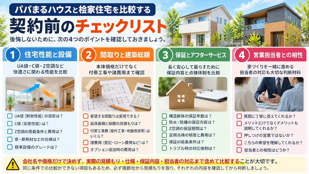 パパまるハウスと桧家住宅の価格・住宅性能・保証・営業担当者を比較するチェックリスト