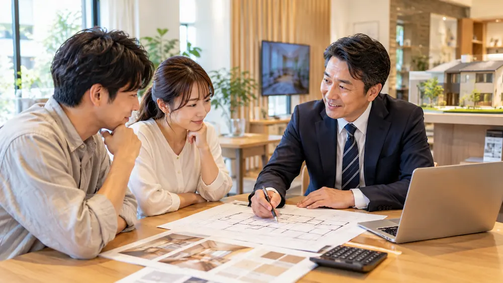 桧家住宅の営業担当者と間取りや予算について相談する様子