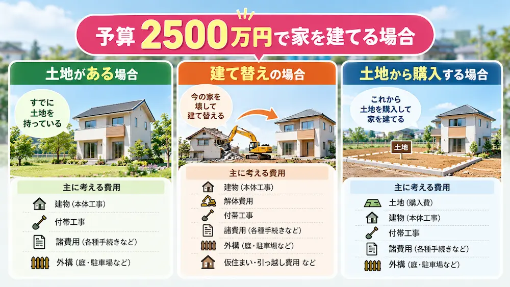 2500万円で家を建てる場合の土地あり・建て替え・土地購入の違い