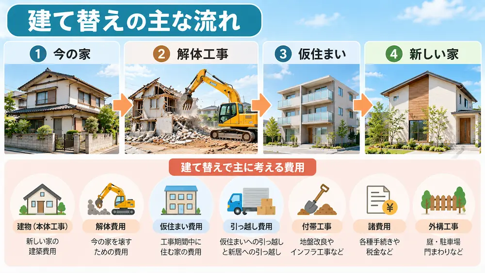 建て替えで必要になる解体費や仮住まい費などのイメージ