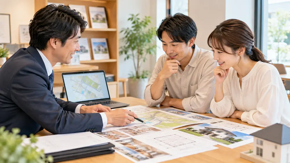 住宅会社に土地探しと家づくりを一緒に相談する夫婦