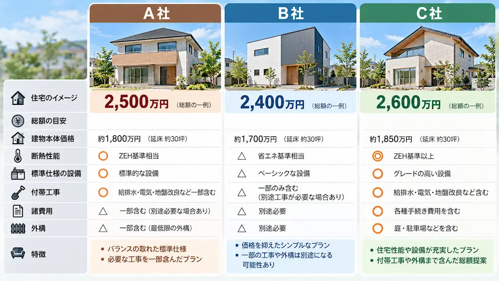 2500万円前後の住宅会社3社の見積もり内容を比較するイメージ