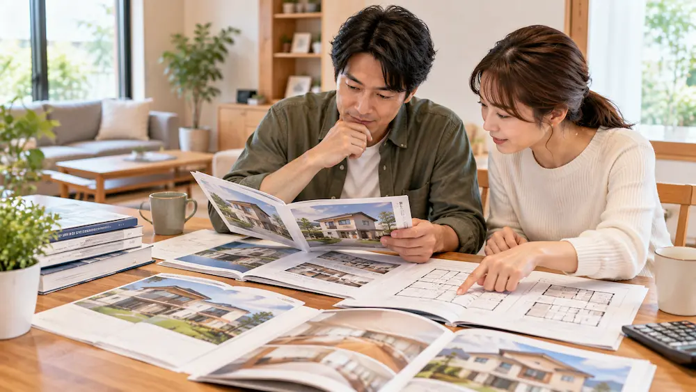 自宅で複数の住宅会社の資料を比較して候補を絞る様子
