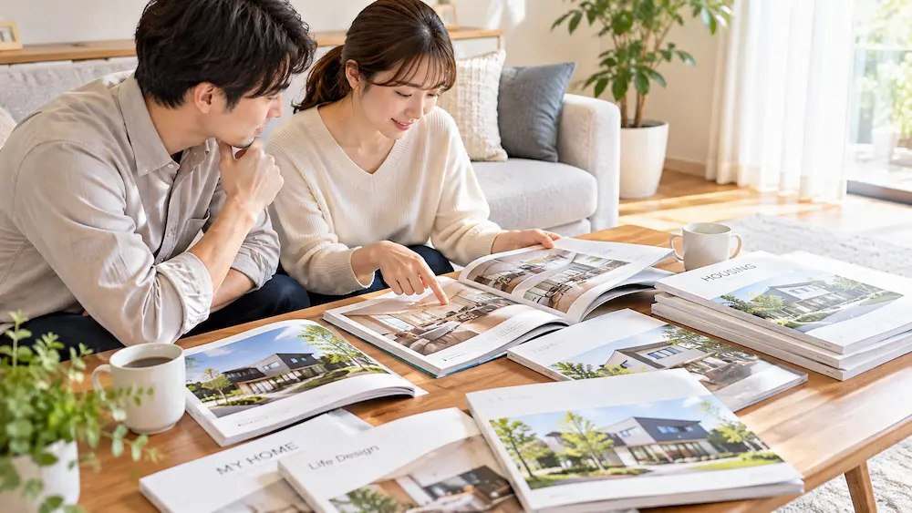 自宅で住宅カタログを比較する様子